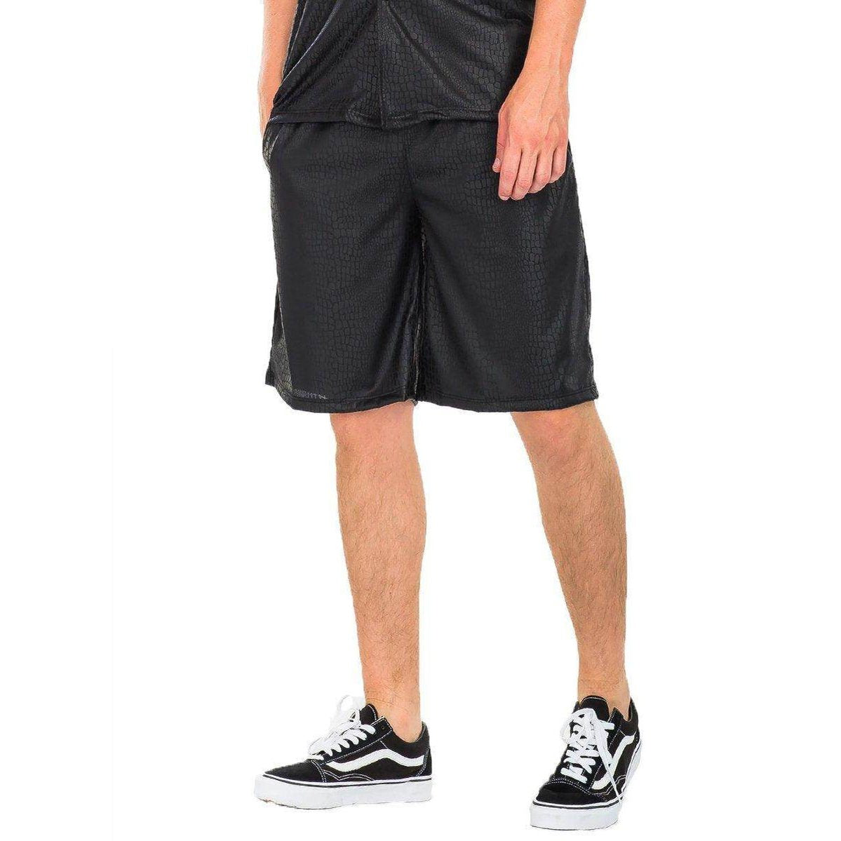 Men's black embossed shorts from VacationGrabs, designed for comfort and style with a modern fit