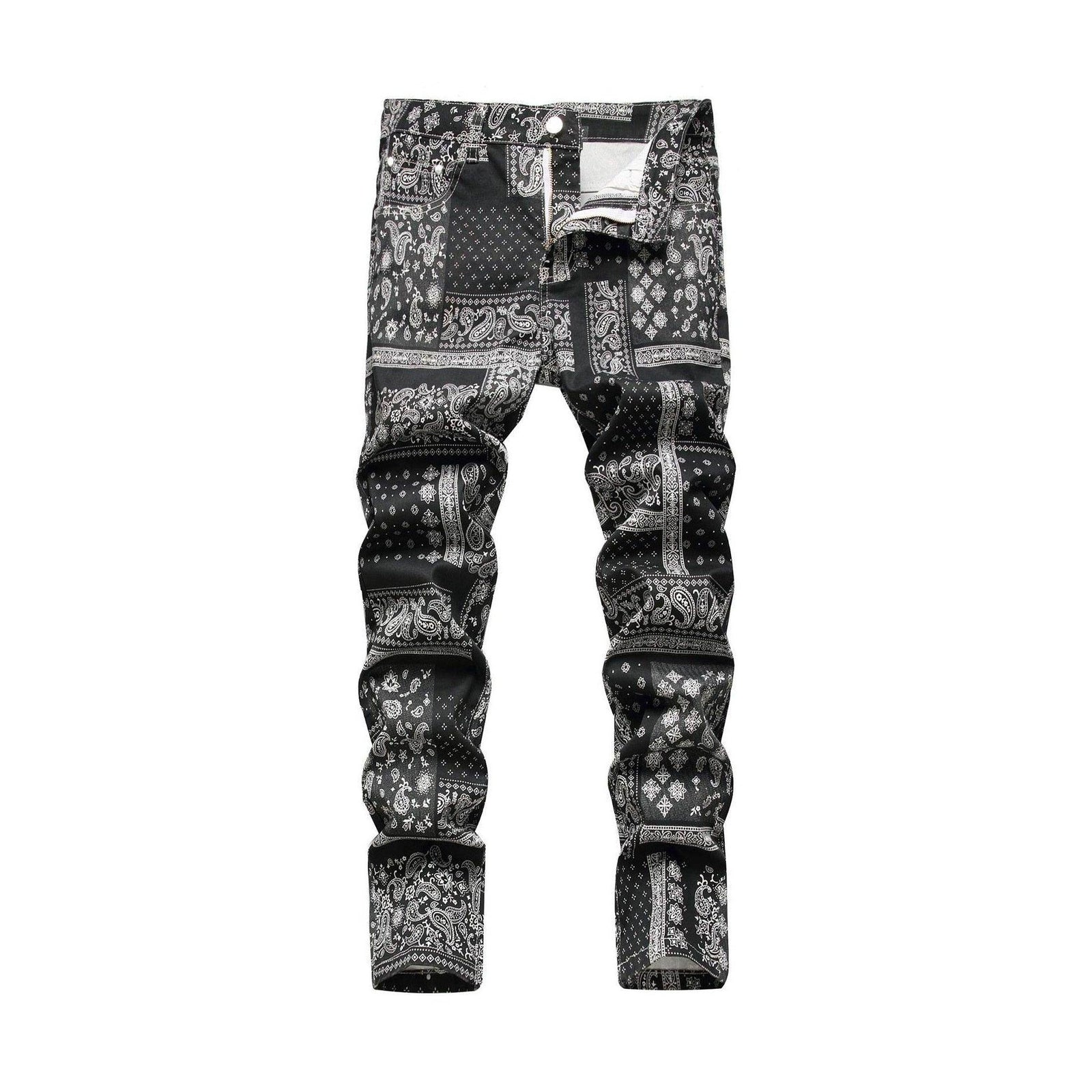 VacationGrabs black printed jeans for men featuring a stylish bandana design and a slim fit