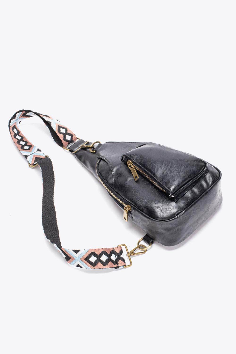 Trendsi pink PU leather sling bag with stylish patterned strap and zippered pockets for convenient storage