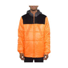 Men's black suede down jacket with a distinctive orange and black colorblock design