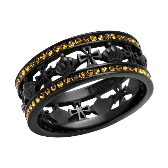 Elegant black topaz crystal ring with intricate cross designs and sparkling gemstones