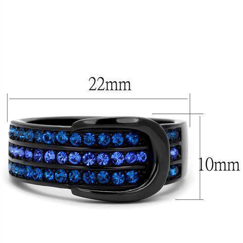 Women's black ring adorned with blue synthetic crystal jewelry for a stylish look