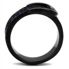 Stunning women's ring with blue synthetic crystal jewelry and a sleek black finish