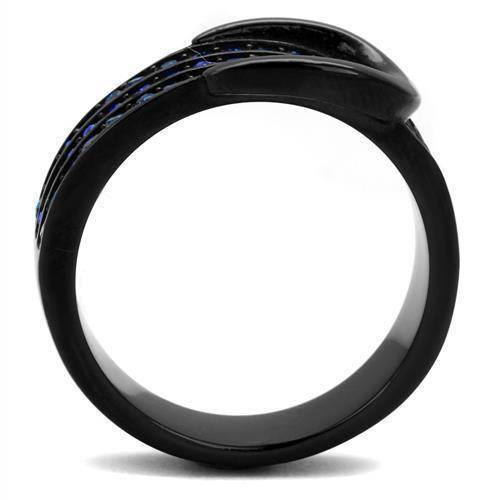 Stunning women's ring with blue synthetic crystal jewelry and a sleek black finish