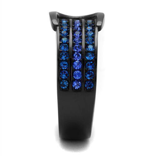 Stylish women's ring featuring blue synthetic crystal jewelry with a modern black design