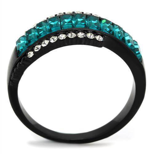 Black band blue zircon crystal ring featuring sparkling square and round crystals