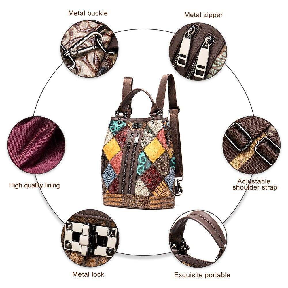 Boho leather travel backpack featuring high-quality lining, adjustable straps, and metal buckles