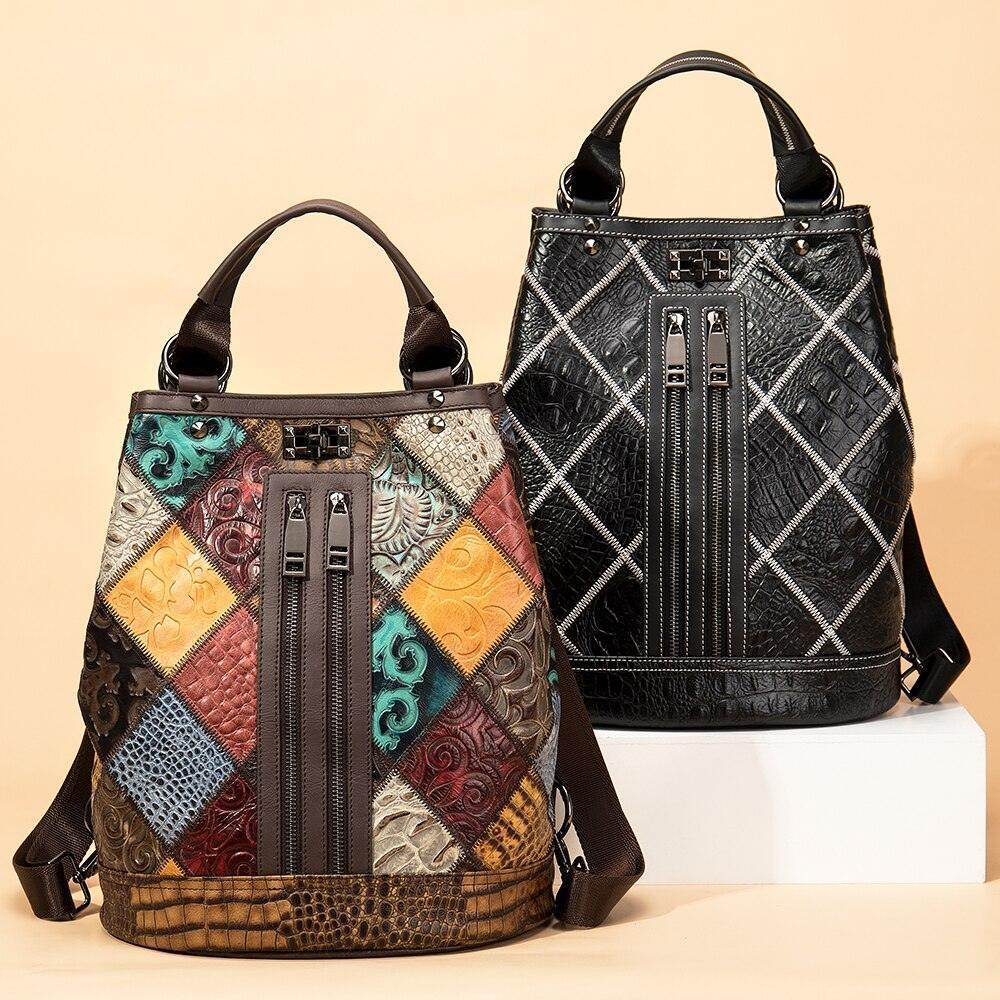 Boho leather travel backpack with colorful patchwork design and elegant finish for stylish travelers