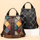 Boho leather travel backpack with colorful patchwork design and elegant finish for stylish travelers