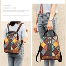 Boho leather travel backpack with colorful patchwork design and adjustable straps for stylish travel