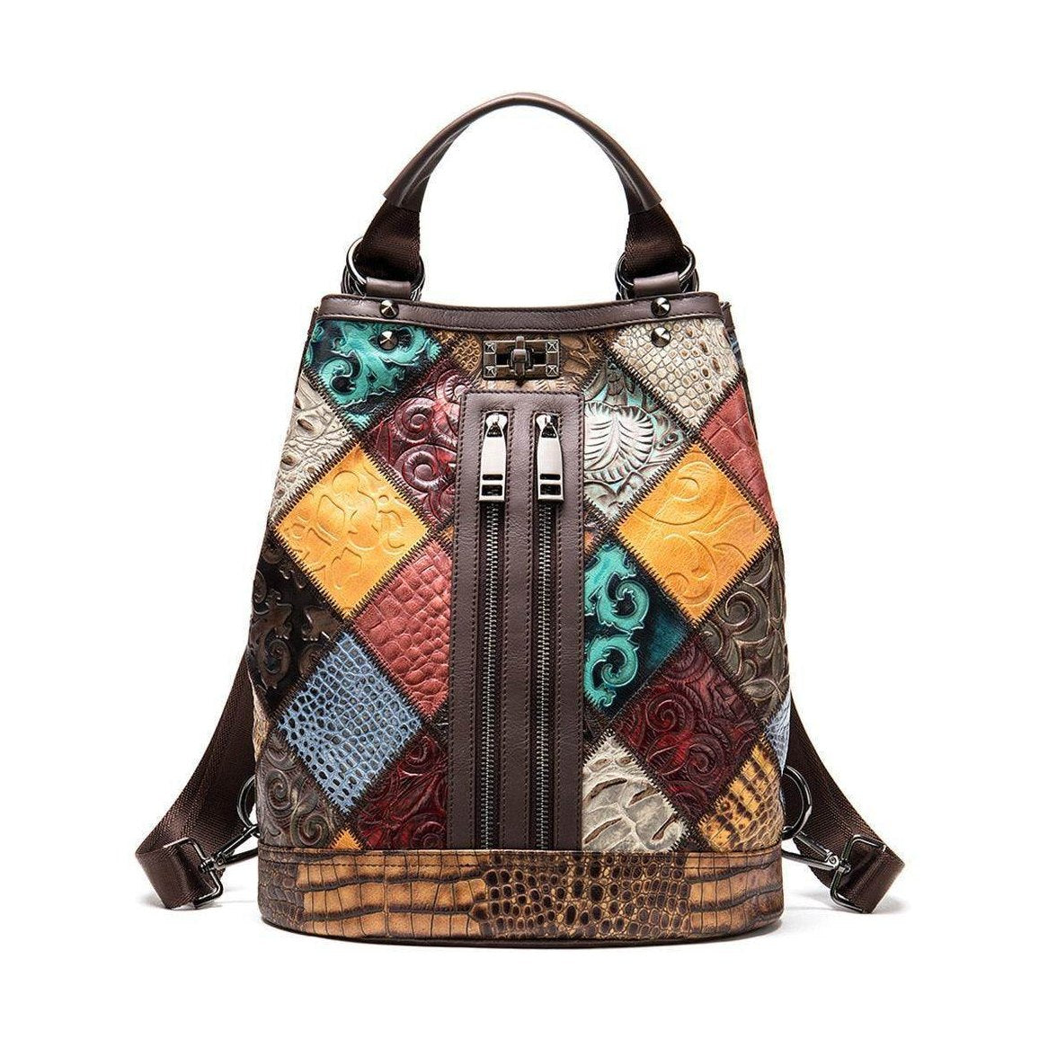 Boho leather travel backpack with a colorful quilted design and stylish zippered pocket details