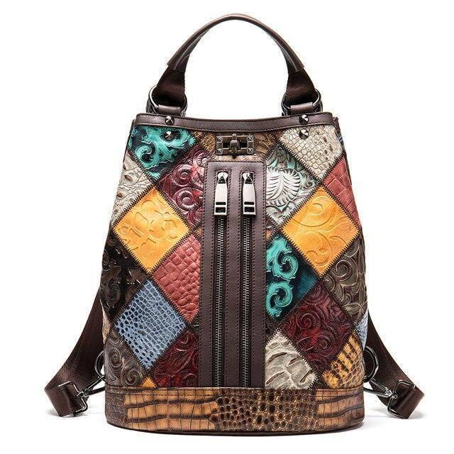 Boho leather travel backpack with a colorful patchwork design and adjustable straps for stylish adventures