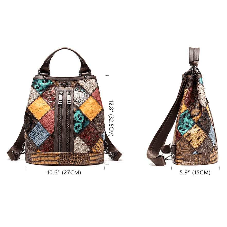 Colorful boho leather travel backpack with unique patchwork design and adjustable straps