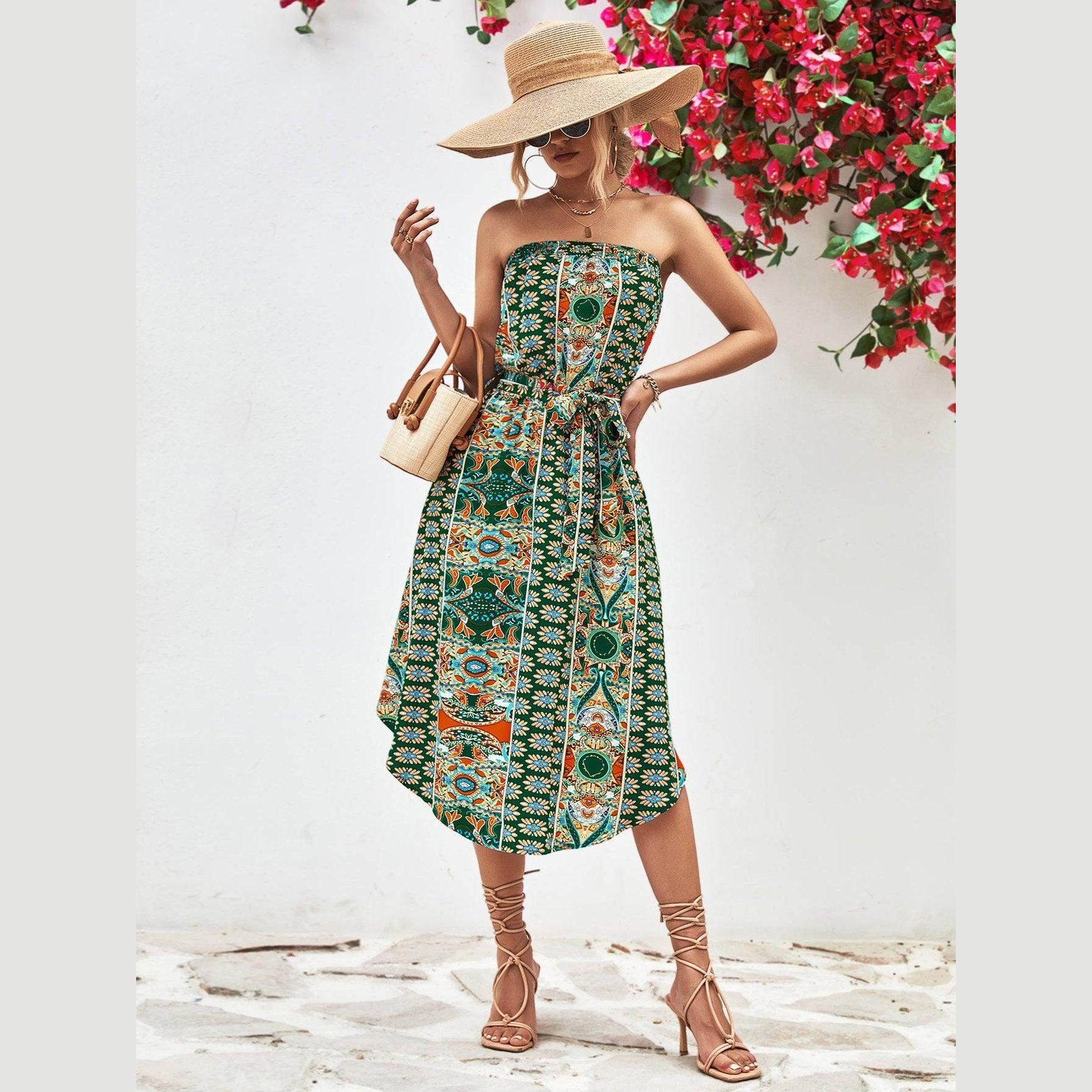 Trendsi Women's Boho Style Strapless Dress with Colorful Floral Print and Tie Waist Detail