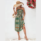 Trendsi boho style strapless dress with colorful floral print and belted waist for a trendy summer look