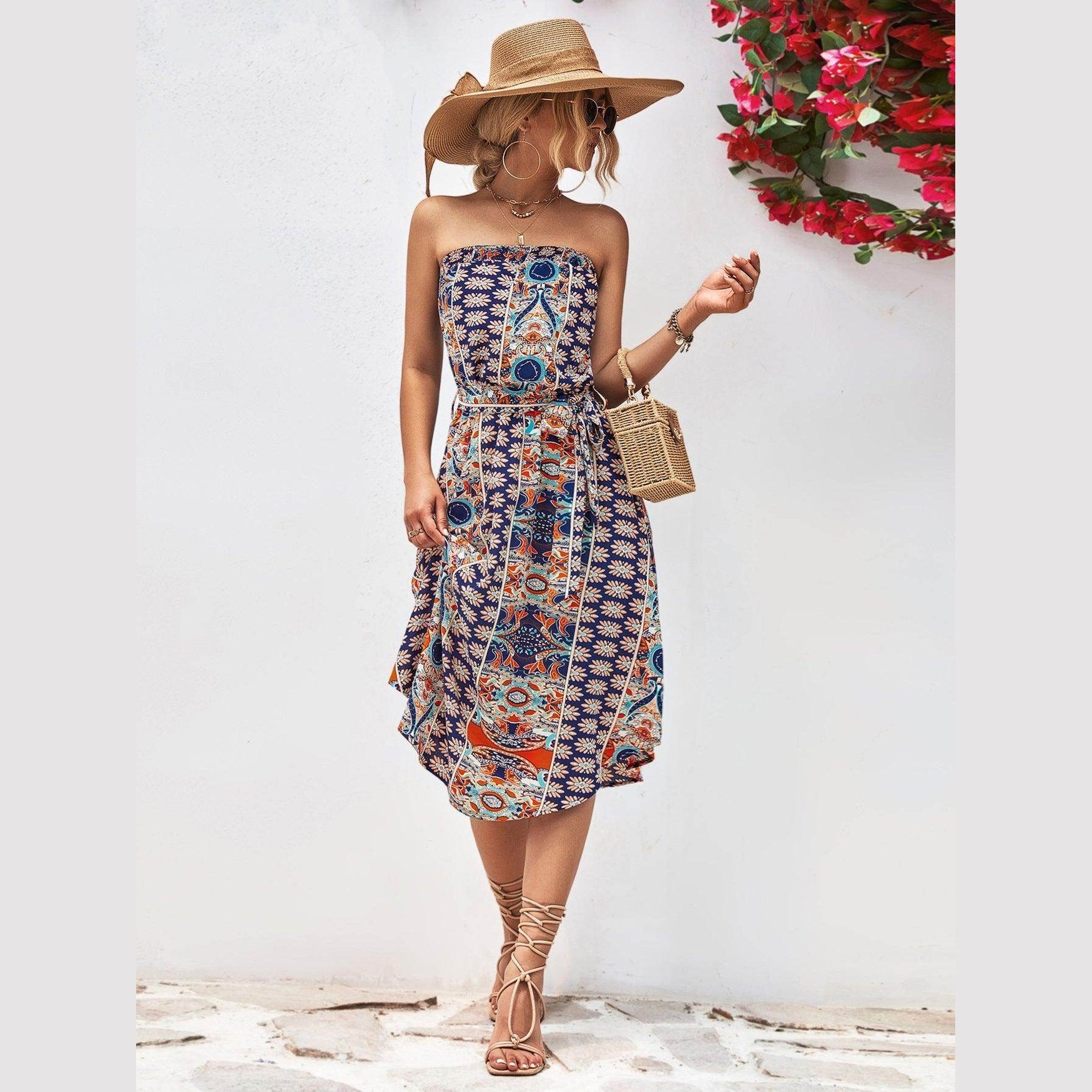 Trendsi boho style strapless dress featuring a colorful floral print and relaxed fit for summer outings
