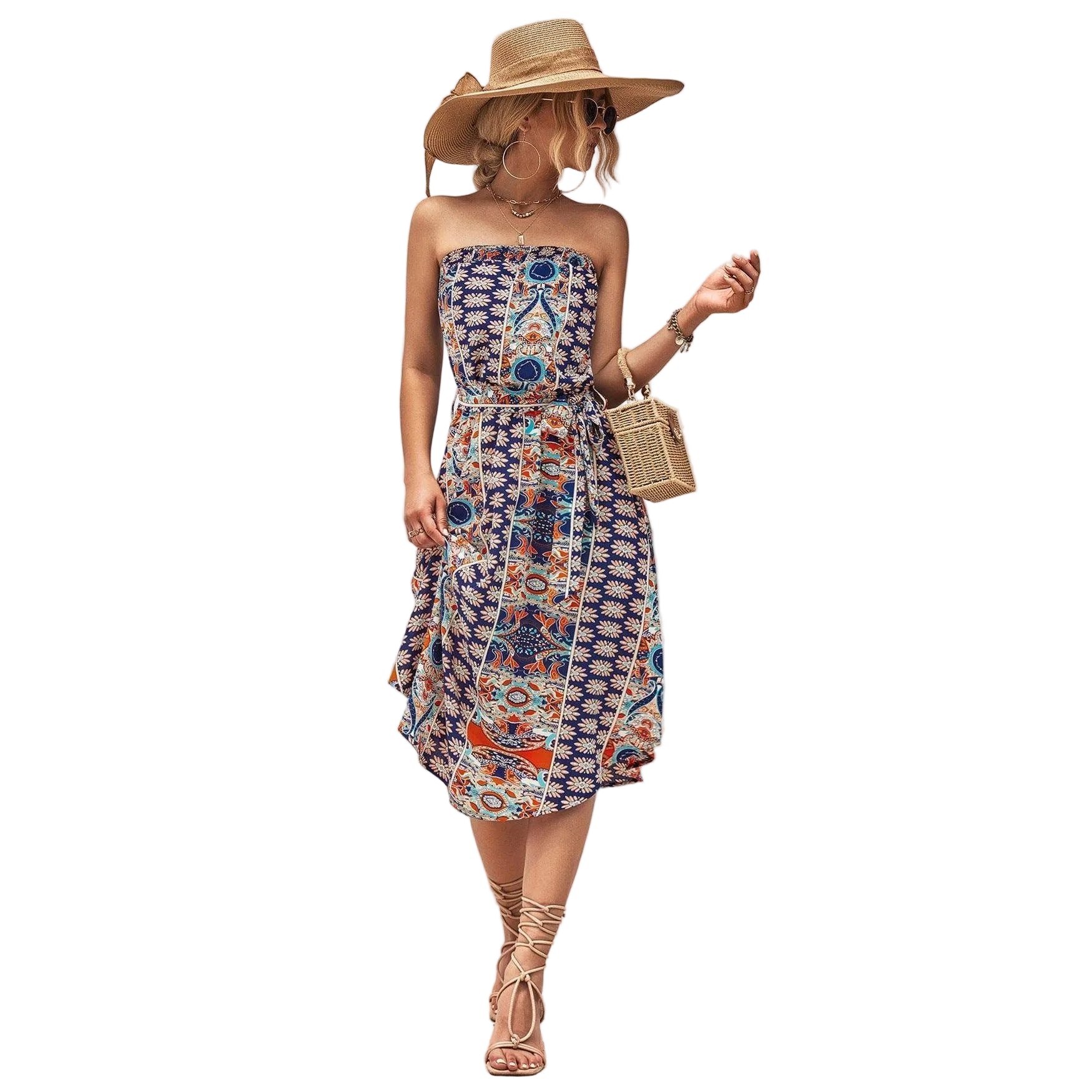 Trendsi boho style strapless dress featuring a colorful floral print and relaxed fit for summer outings
