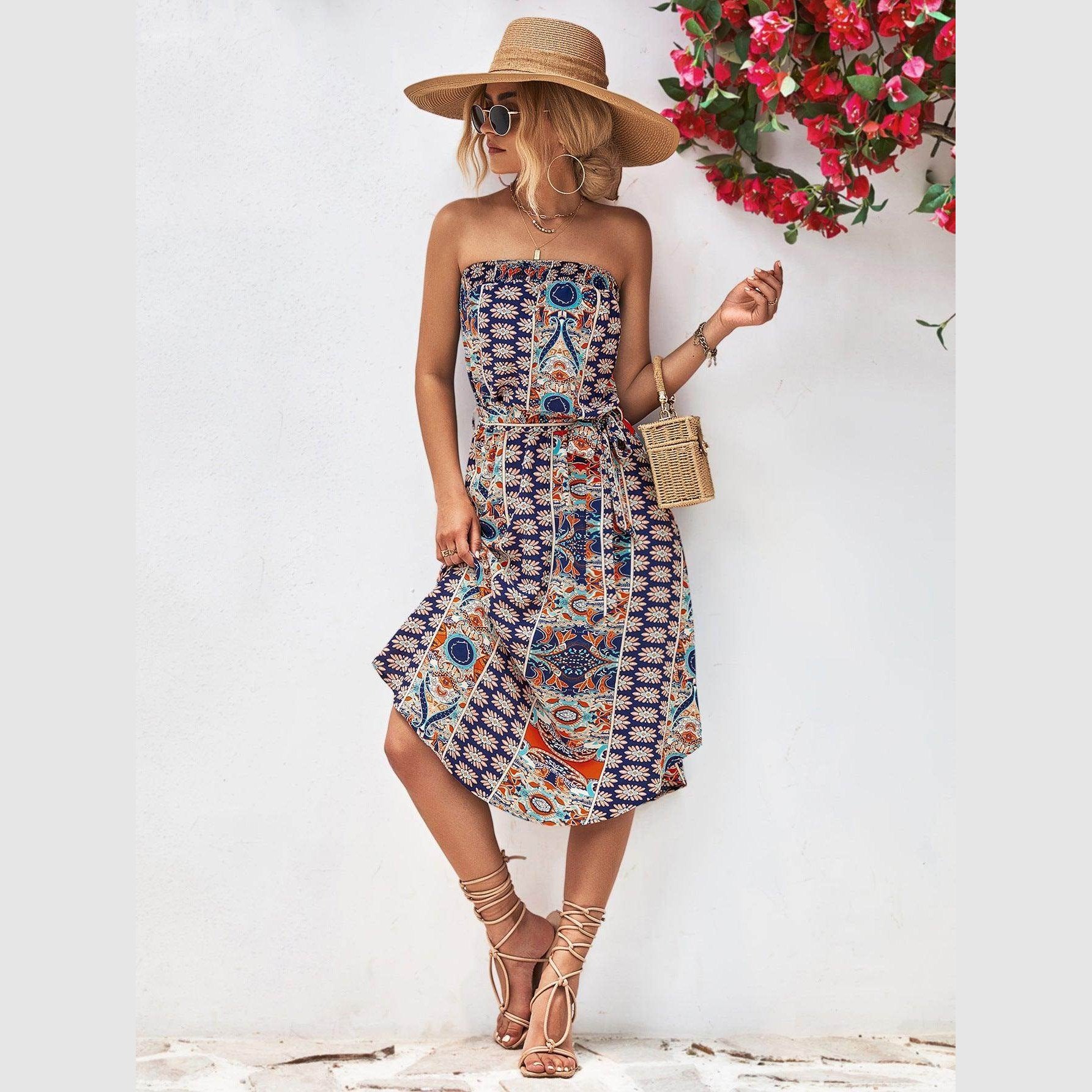 Trendsi boho style strapless dress with colorful patterns, perfect for summer outings and casual events.