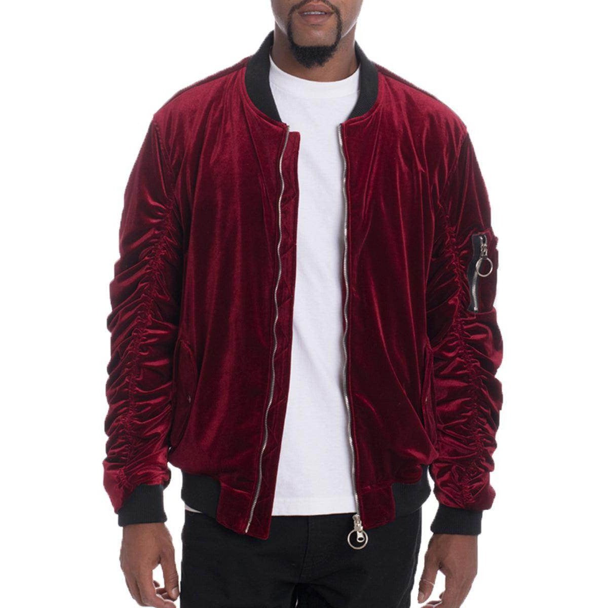 Men's velvet bomber jacket in burgundy, part of a collection available in bomber jacket 4 colors