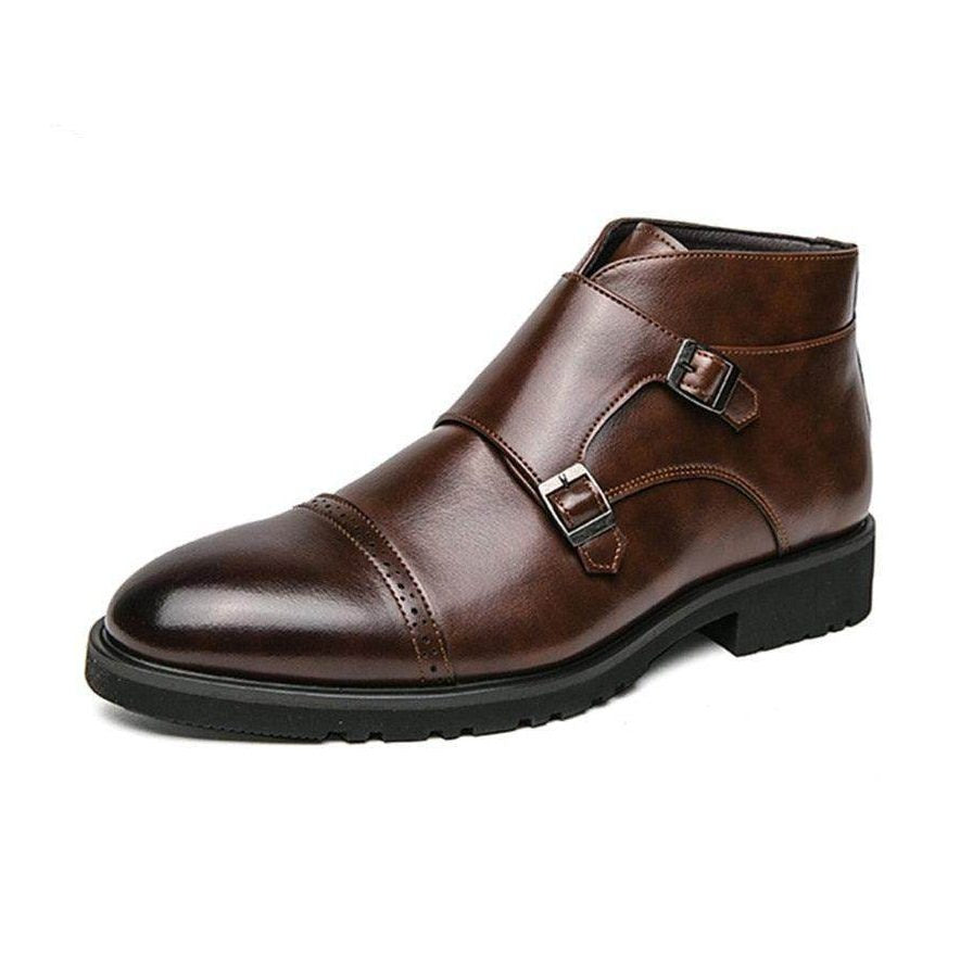 Stylish British luxury ankle boots in brown leather with twin buckle details for men's fashion
