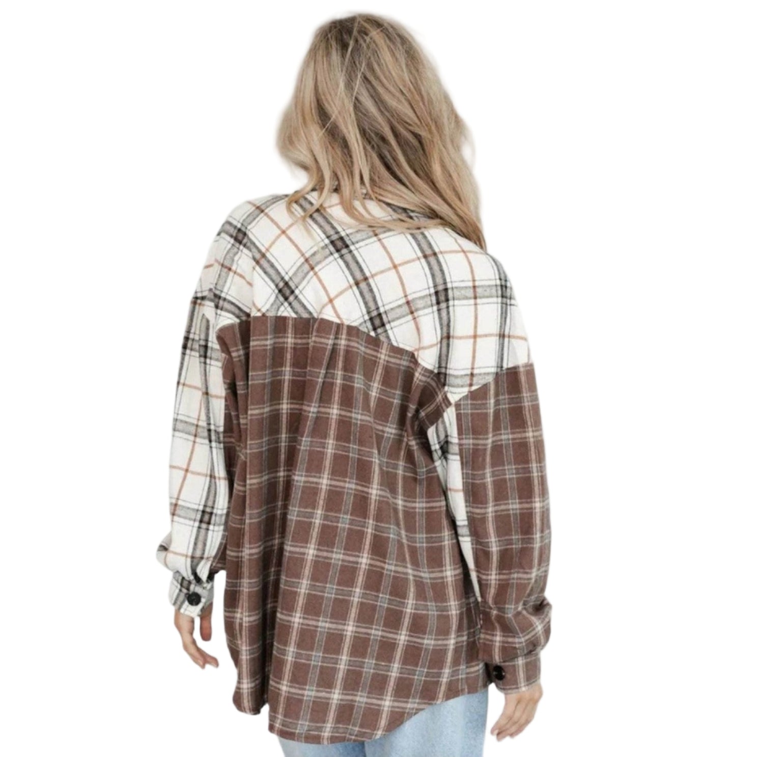 Brown plaid oversized shacket made of soft fabric for a stylish layered look