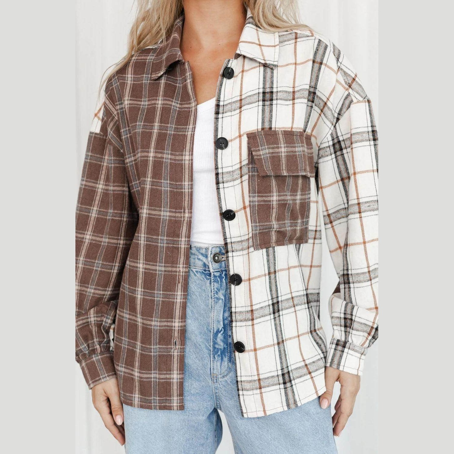 Brown plaid oversized shacket from VacationGrabs featuring a button-up front and chest pocket