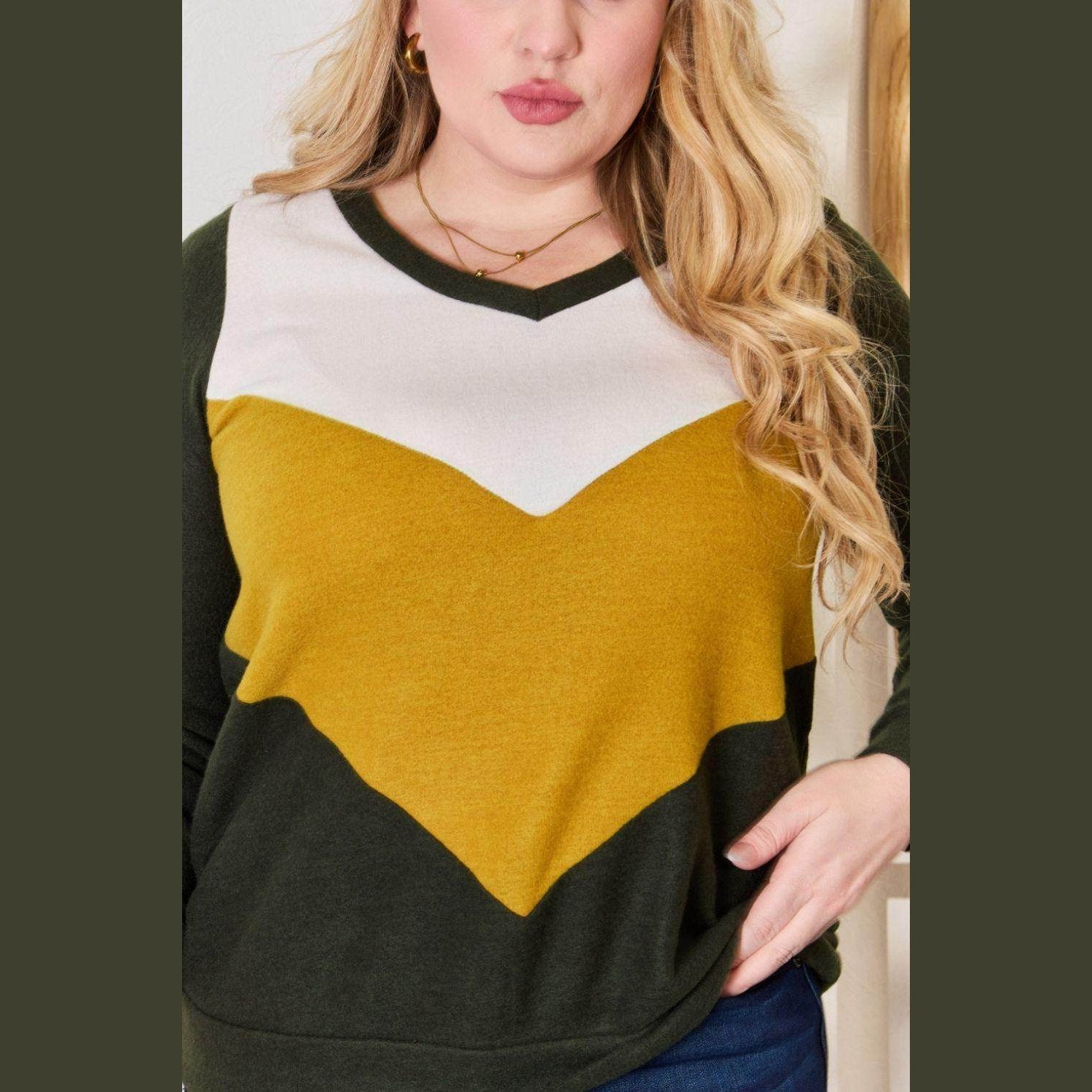 Hailey & Co Full Size Colorblock V-Neck Blouse - VacationGrabs