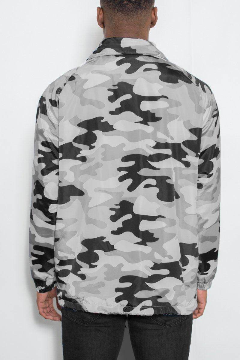 Stylish gray camo coach jacket for men from WEIV, perfect for casual wear and layering.