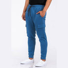 Men's WEIV casual cargo joggers in blue with side pockets and drawstring waist