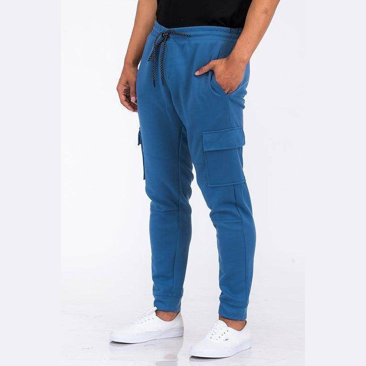 Men's WEIV casual cargo joggers in blue with side pockets and drawstring waist