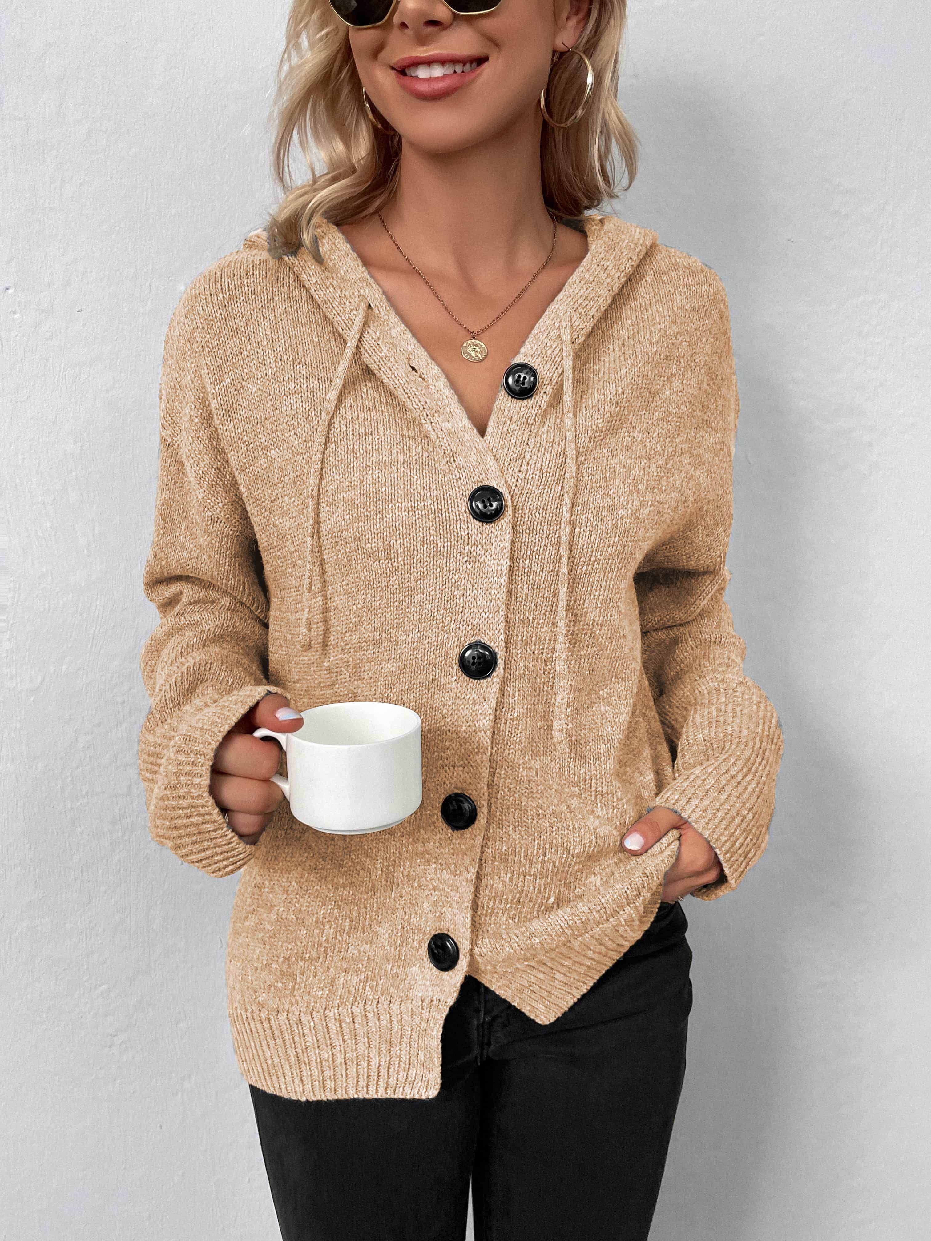 Trendsi casual hooded cardigan in beige with button closure and pockets, perfect for styling on chilly days