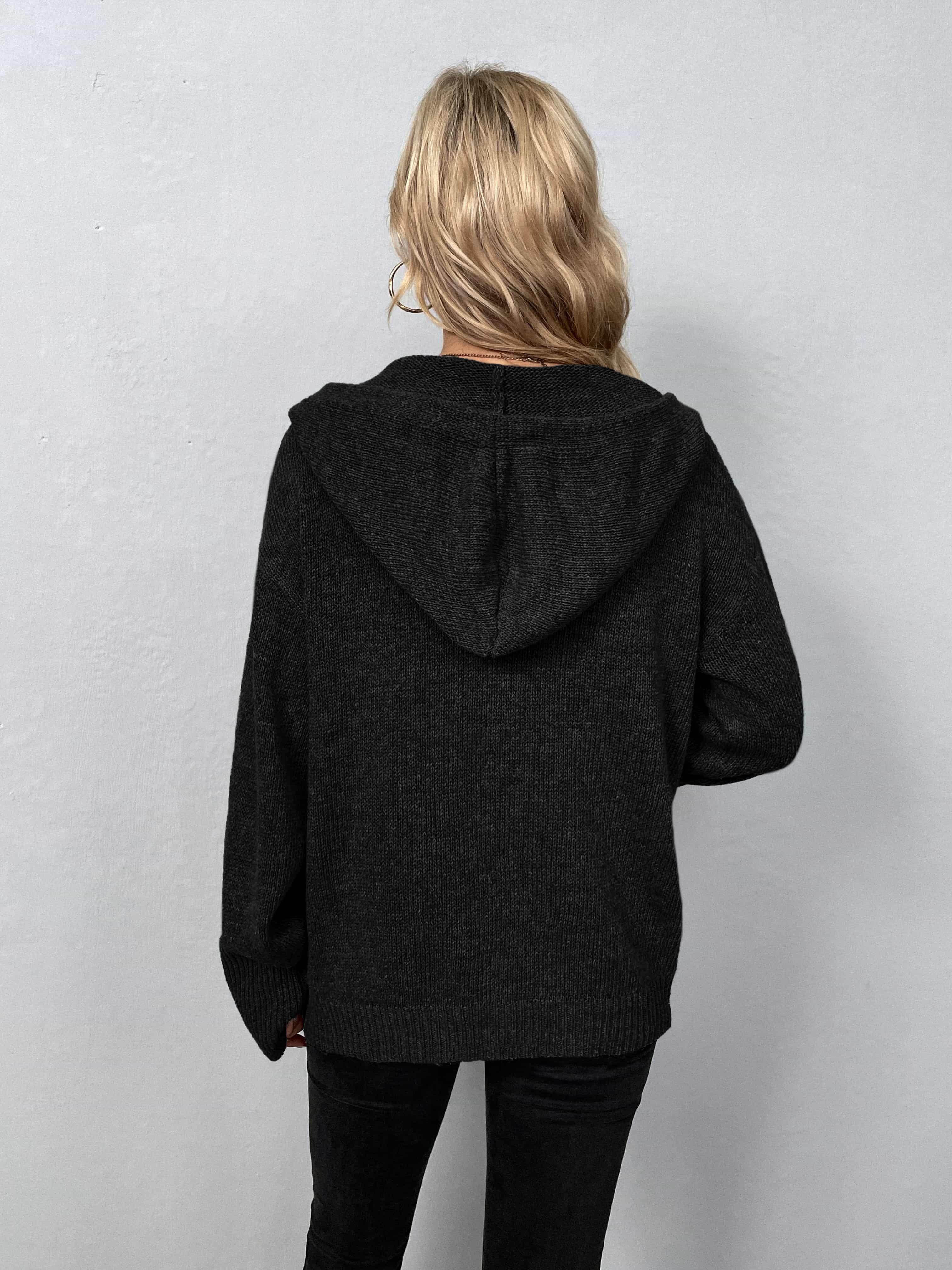 Trendsi casual hooded cardigan in black featuring a relaxed fit and cozy hood design