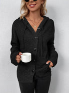 Trendsi casual hooded cardigan in black with button closure, perfect for a cozy and stylish look