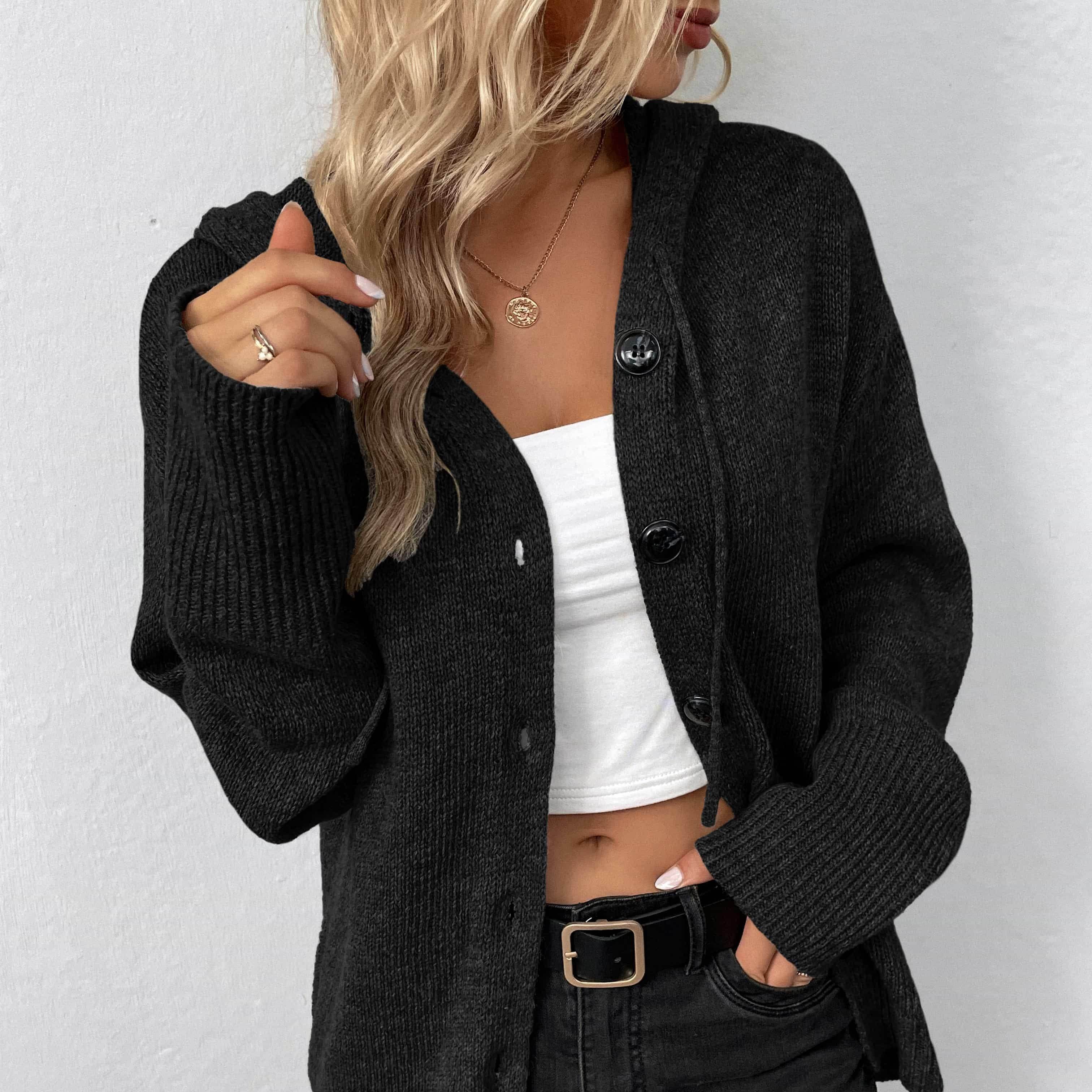 Trendsi casual hooded cardigan in black with button closure and ribbed sleeves