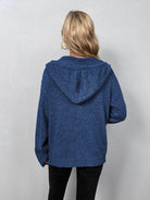 Back view of a blue casual hooded cardigan for women, perfect for comfortable layering