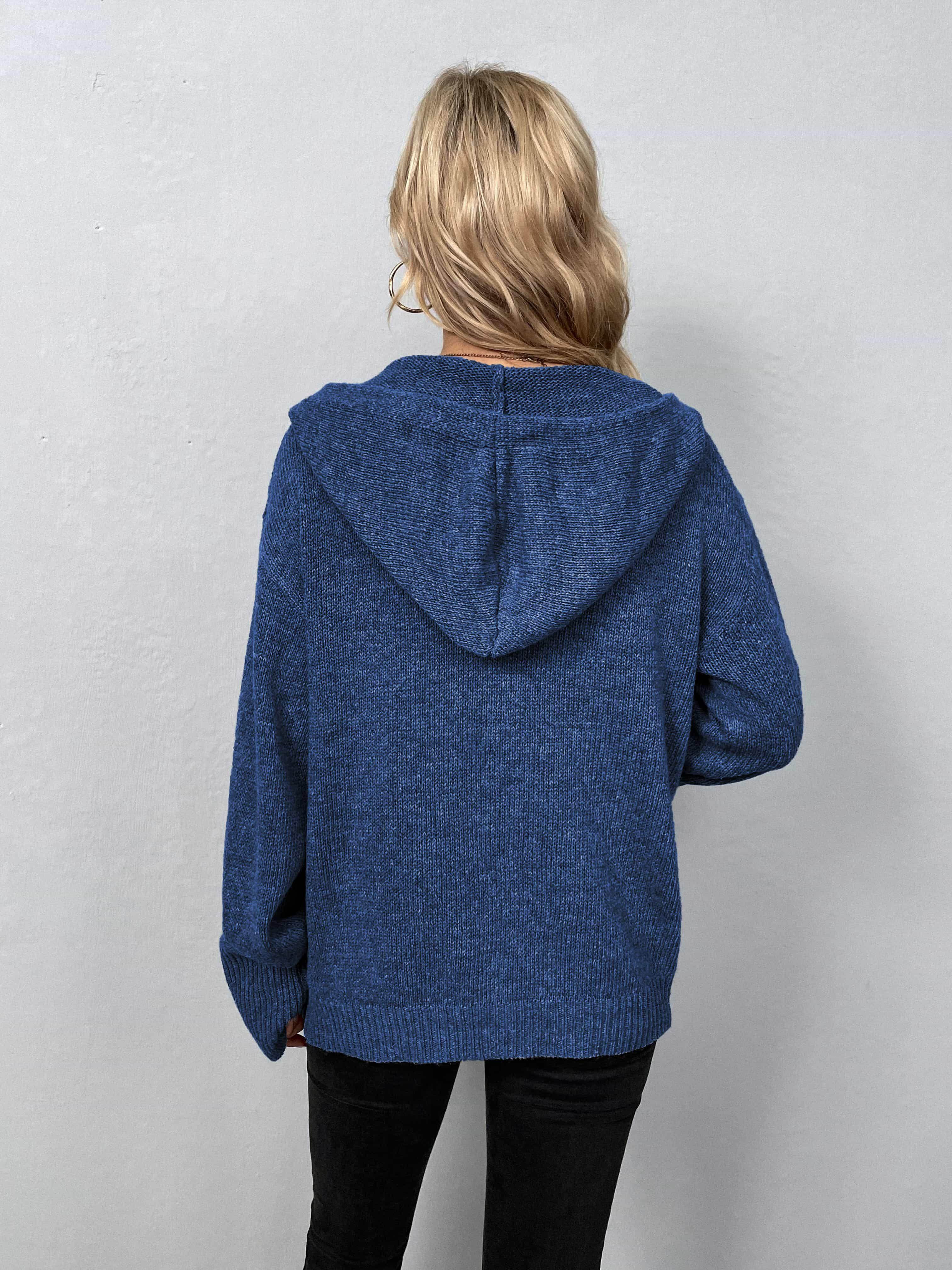 Back view of a blue casual hooded cardigan for women, perfect for comfortable layering