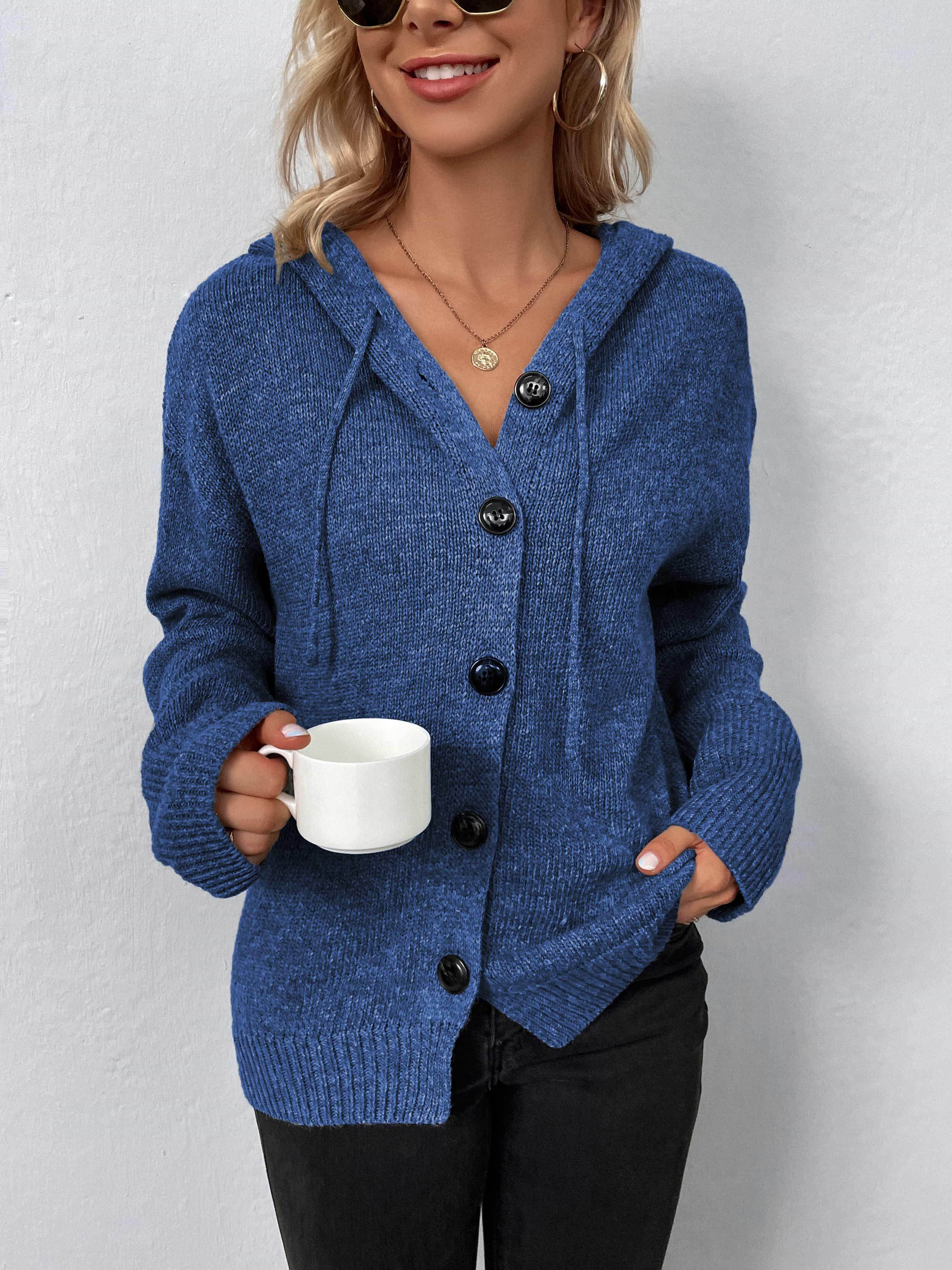 Trendsi casual hooded cardigan in blue with buttons and front pockets, perfect for everyday wear