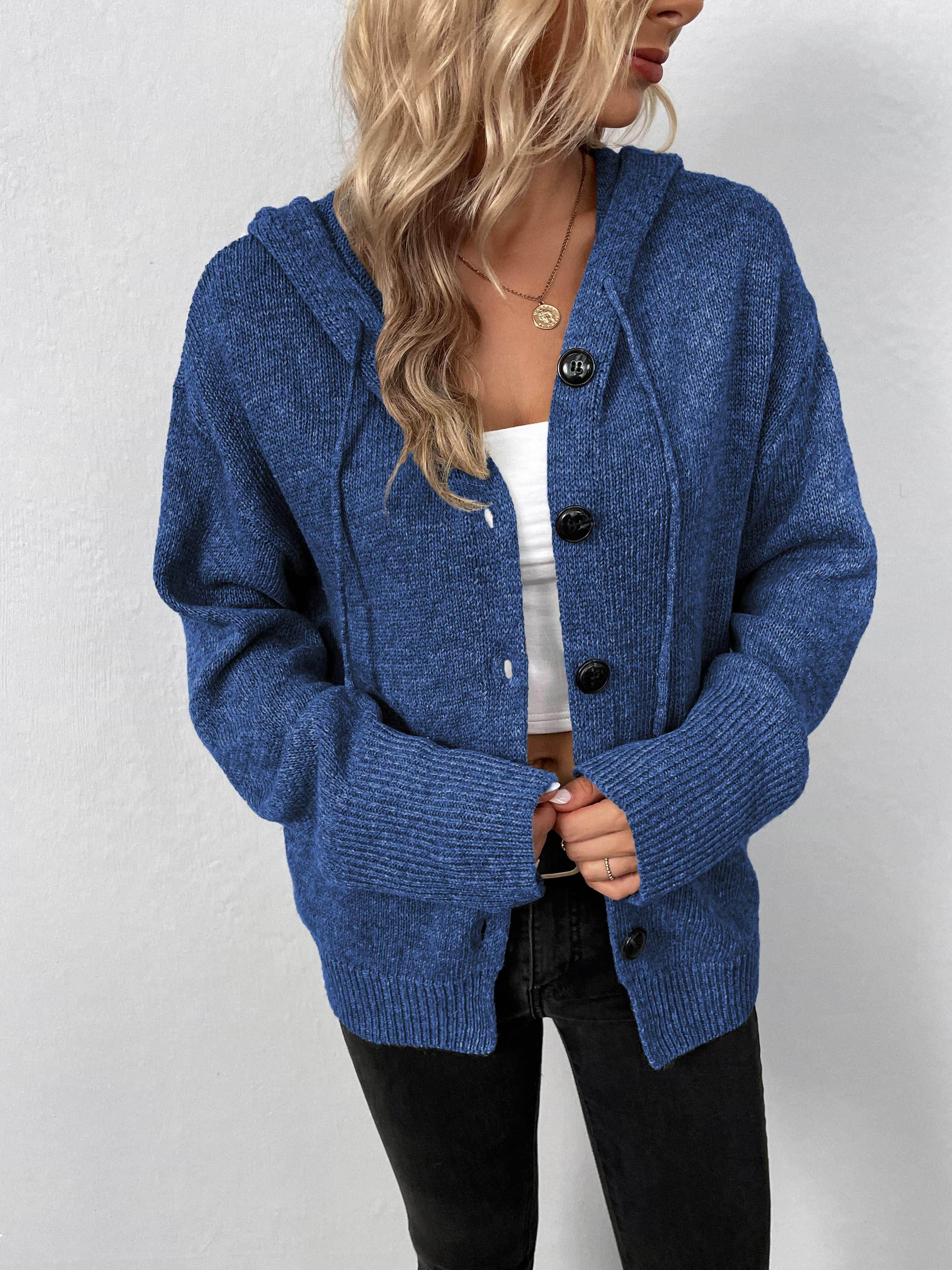 Casual hooded cardigan in blue with buttons and a comfortable fit for stylish layering