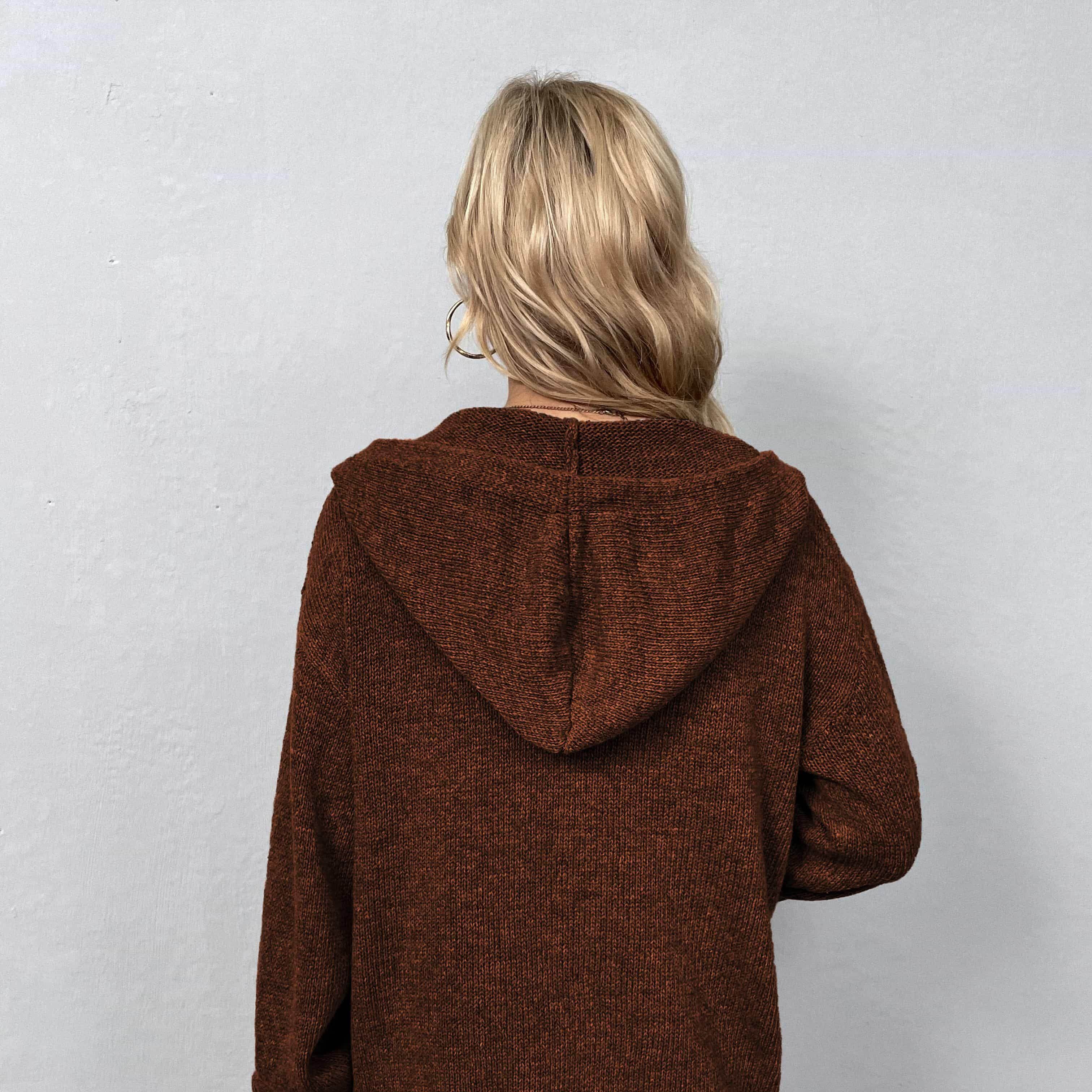 Back view of a brown casual hooded cardigan for women with a relaxed fit and hood