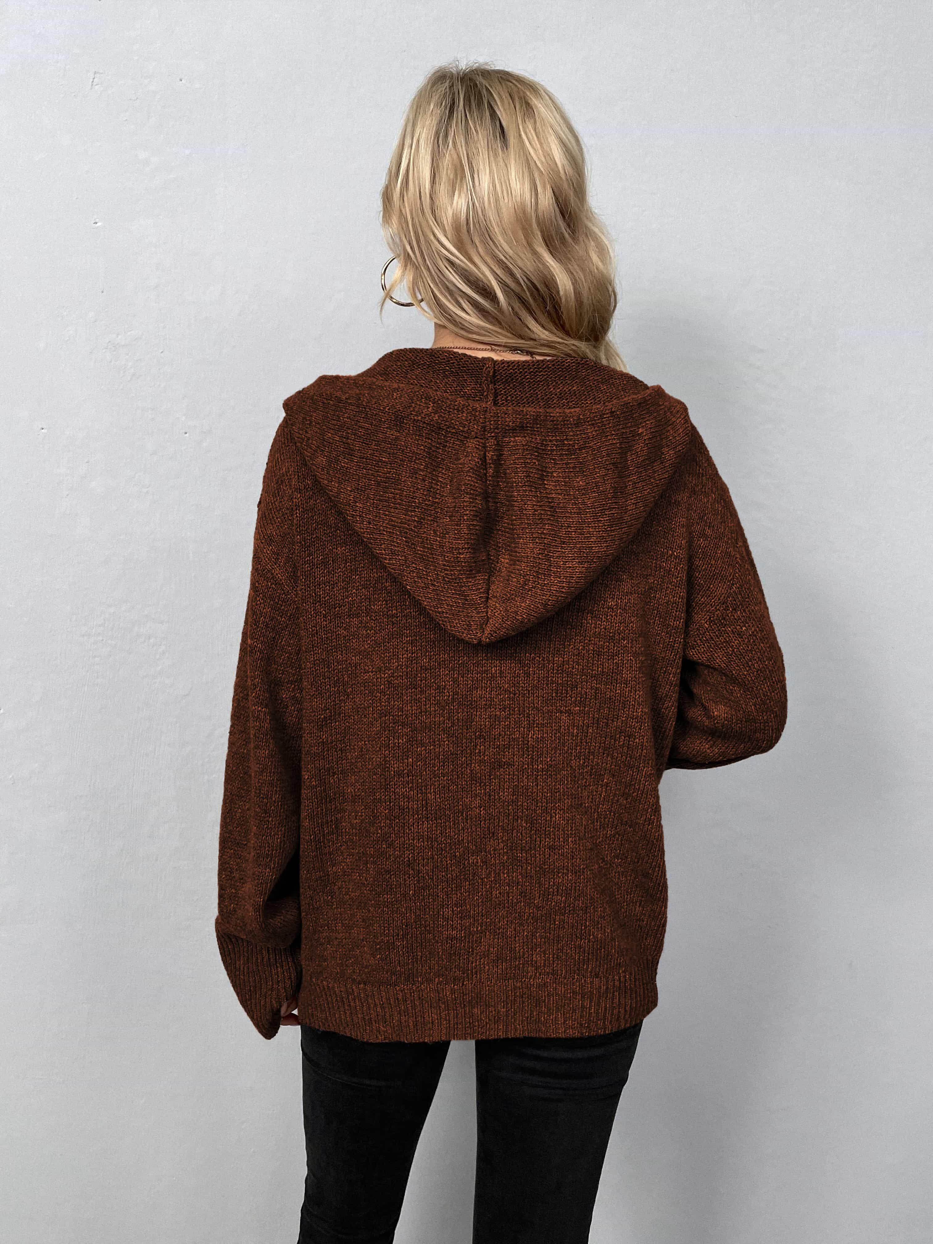 Back view of a brown casual hooded cardigan for women with a relaxed fit and hood