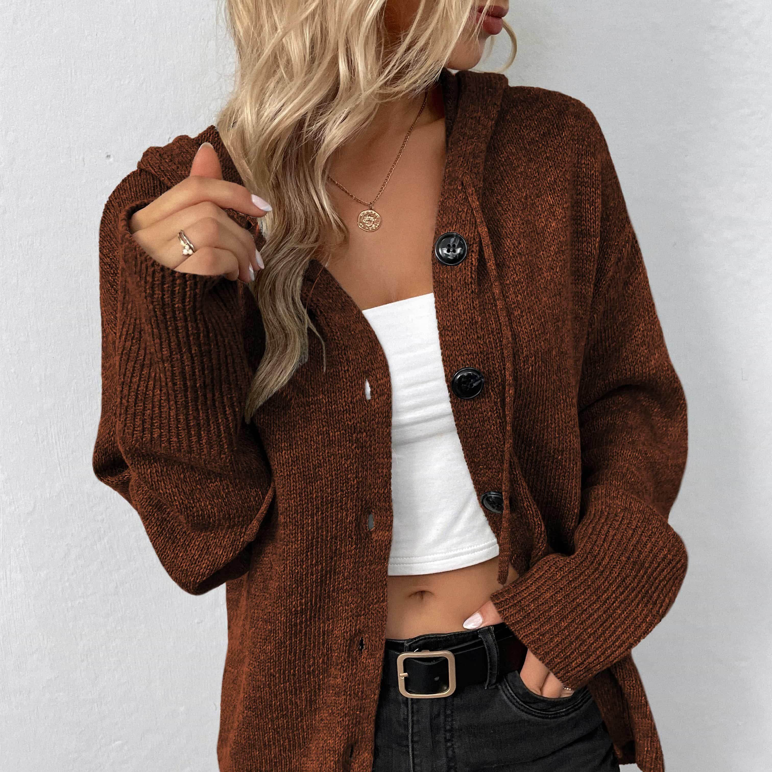 Trendsi casual hooded cardigan in brown with a button-up front and relaxed fit