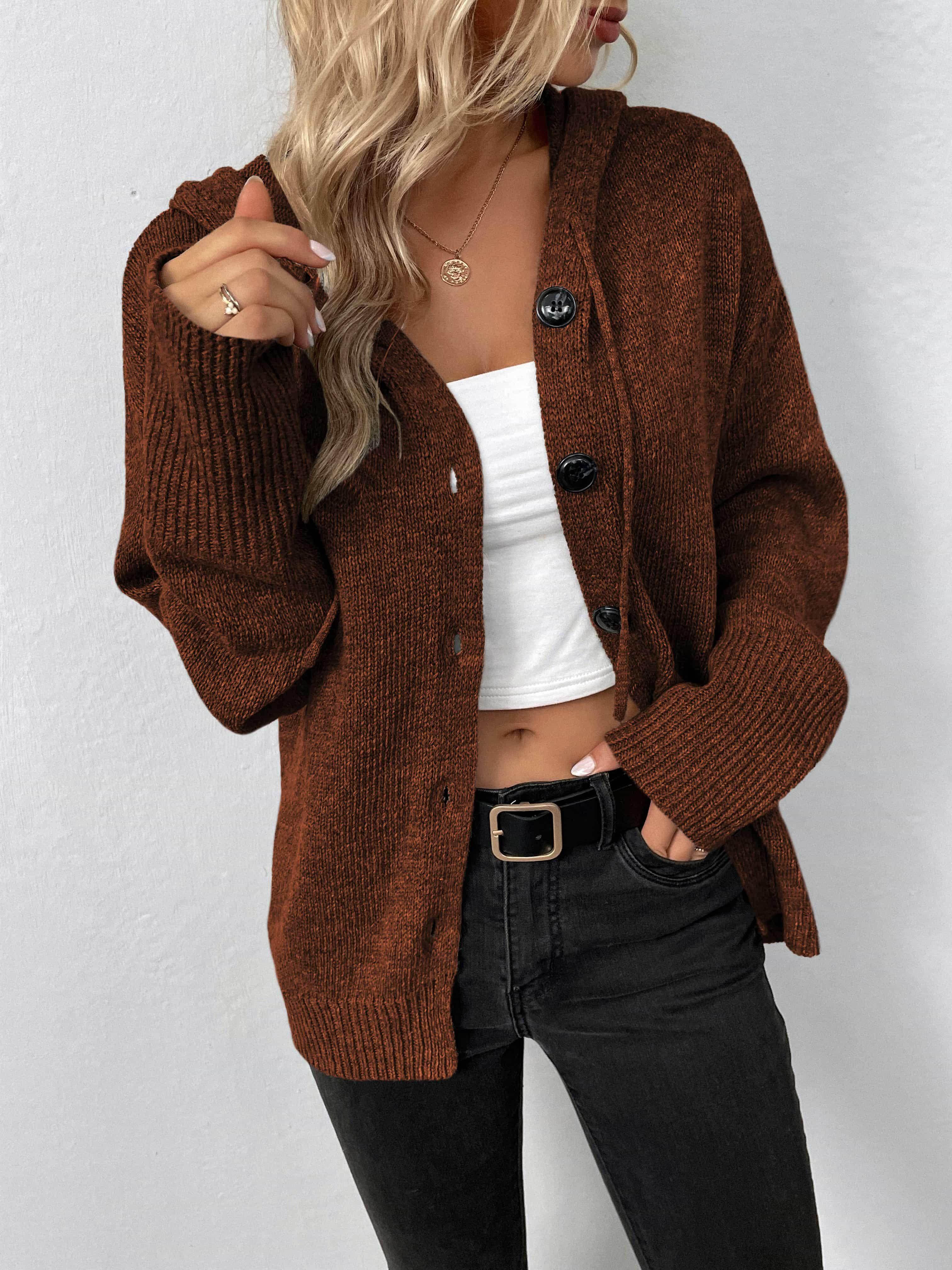 Trendsi casual hooded cardigan in brown with a button-up front and relaxed fit
