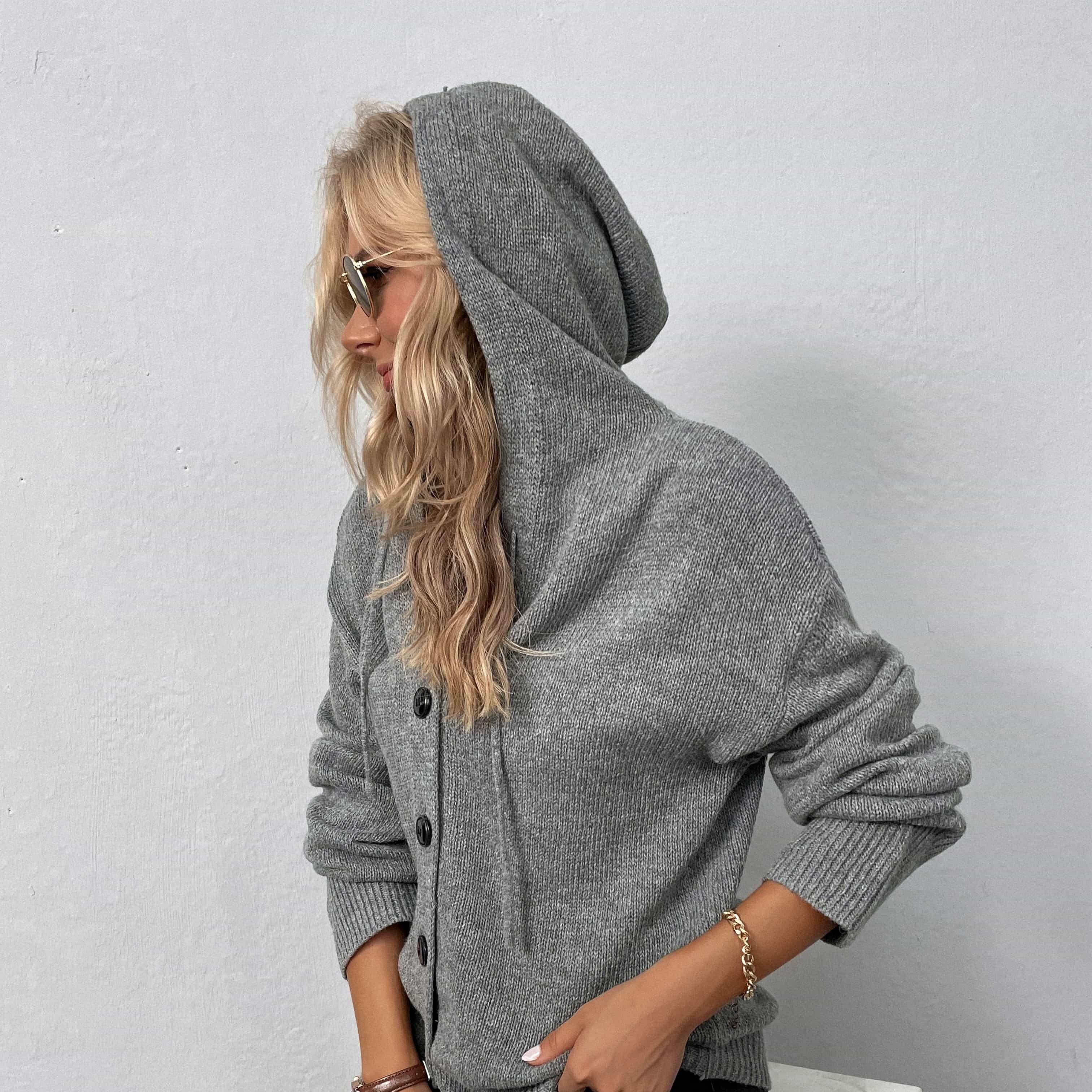 Trendsi casual hooded cardigan in gray with buttons for a stylish and comfortable look