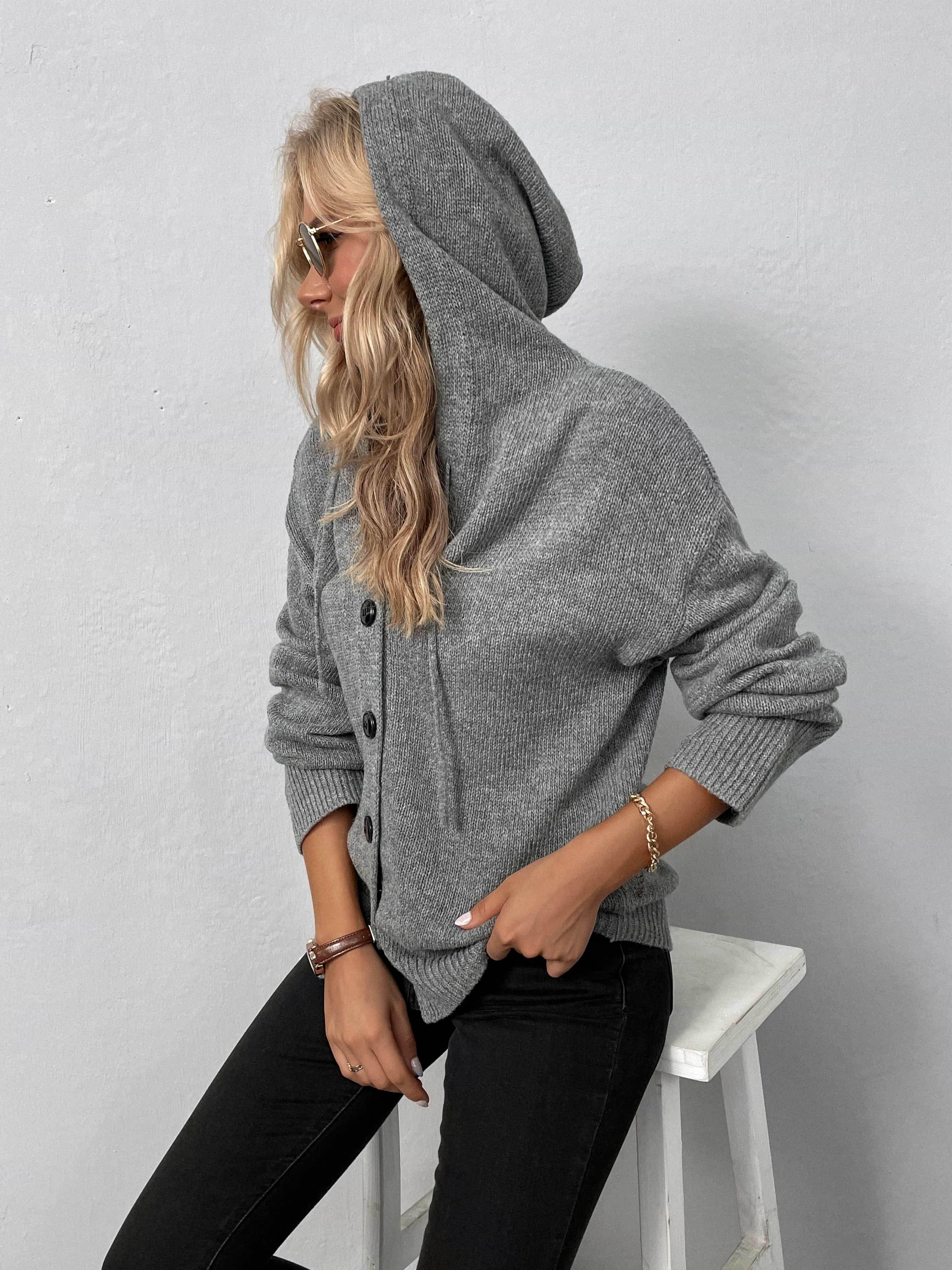 Trendsi casual hooded cardigan in gray with buttons for a stylish and comfortable look