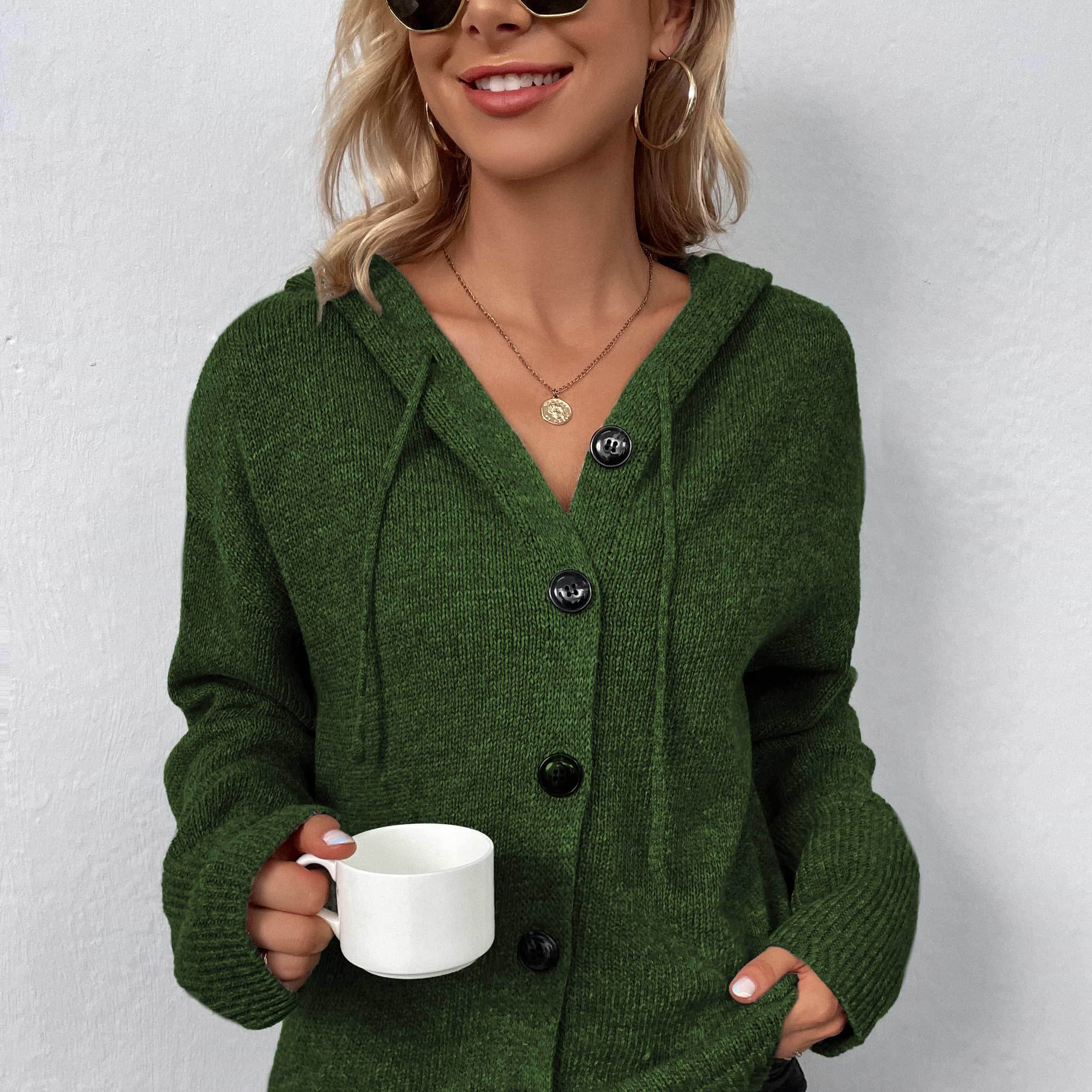 Trendsi casual hooded cardigan in green with buttons and pockets, perfect for everyday wear.