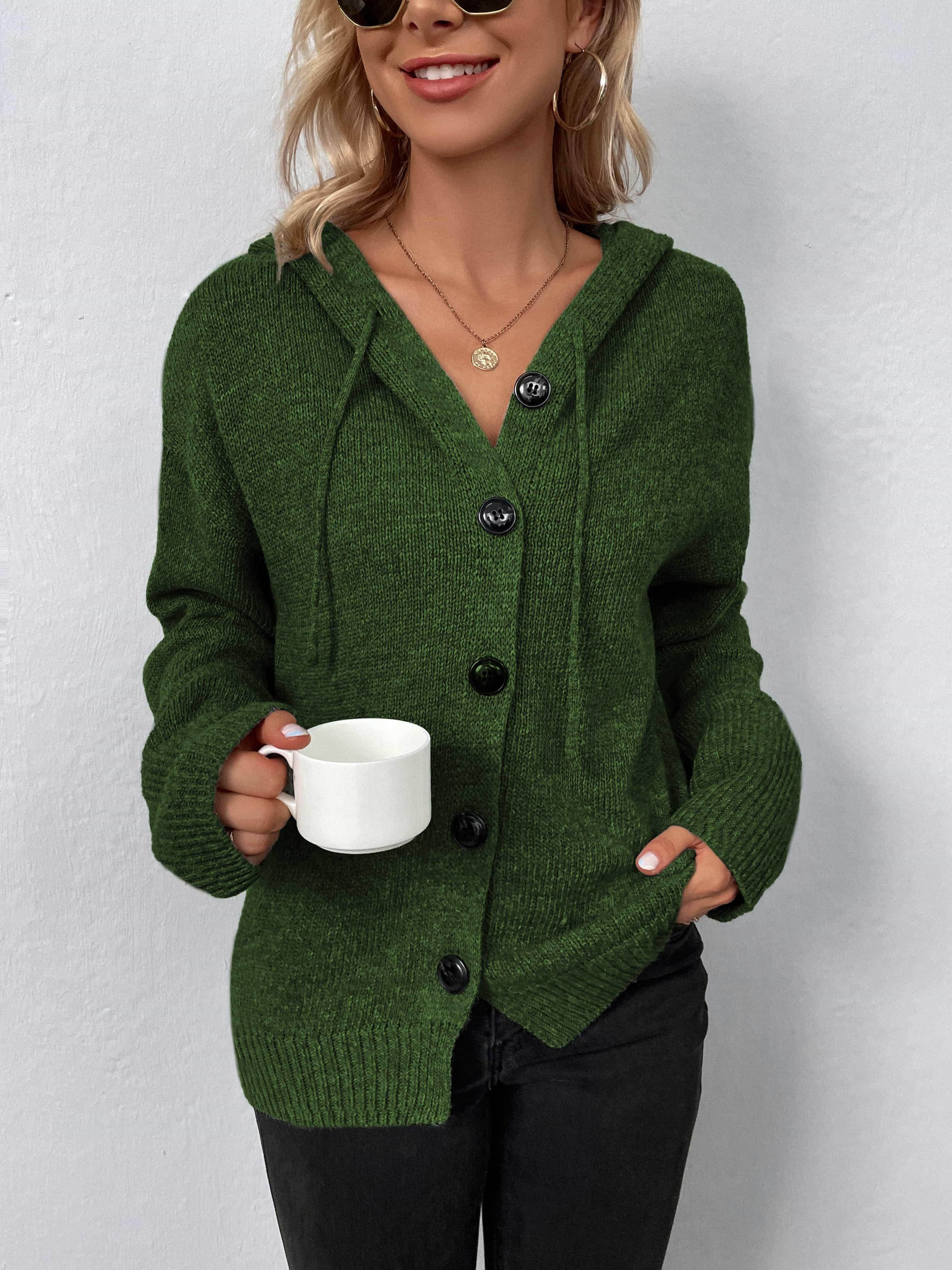 Trendsi casual hooded cardigan in green with buttons and pockets, perfect for everyday wear.