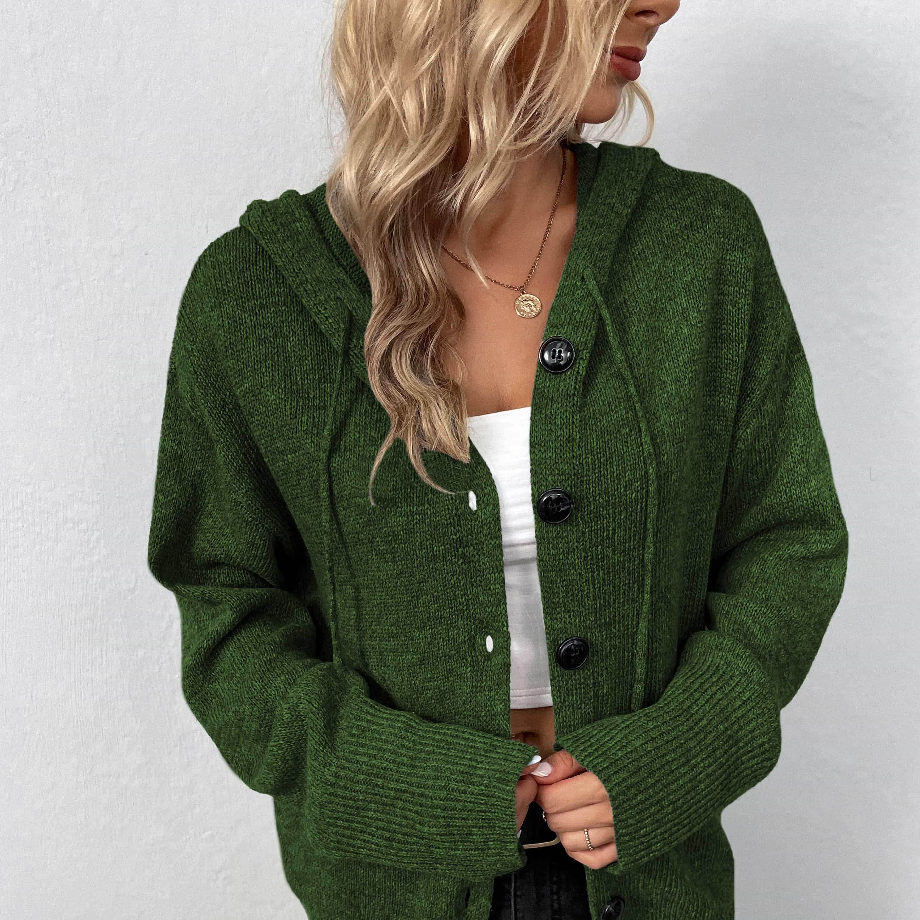 Trendsi casual hooded cardigan in green with button closure and ribbed cuffs for everyday wear