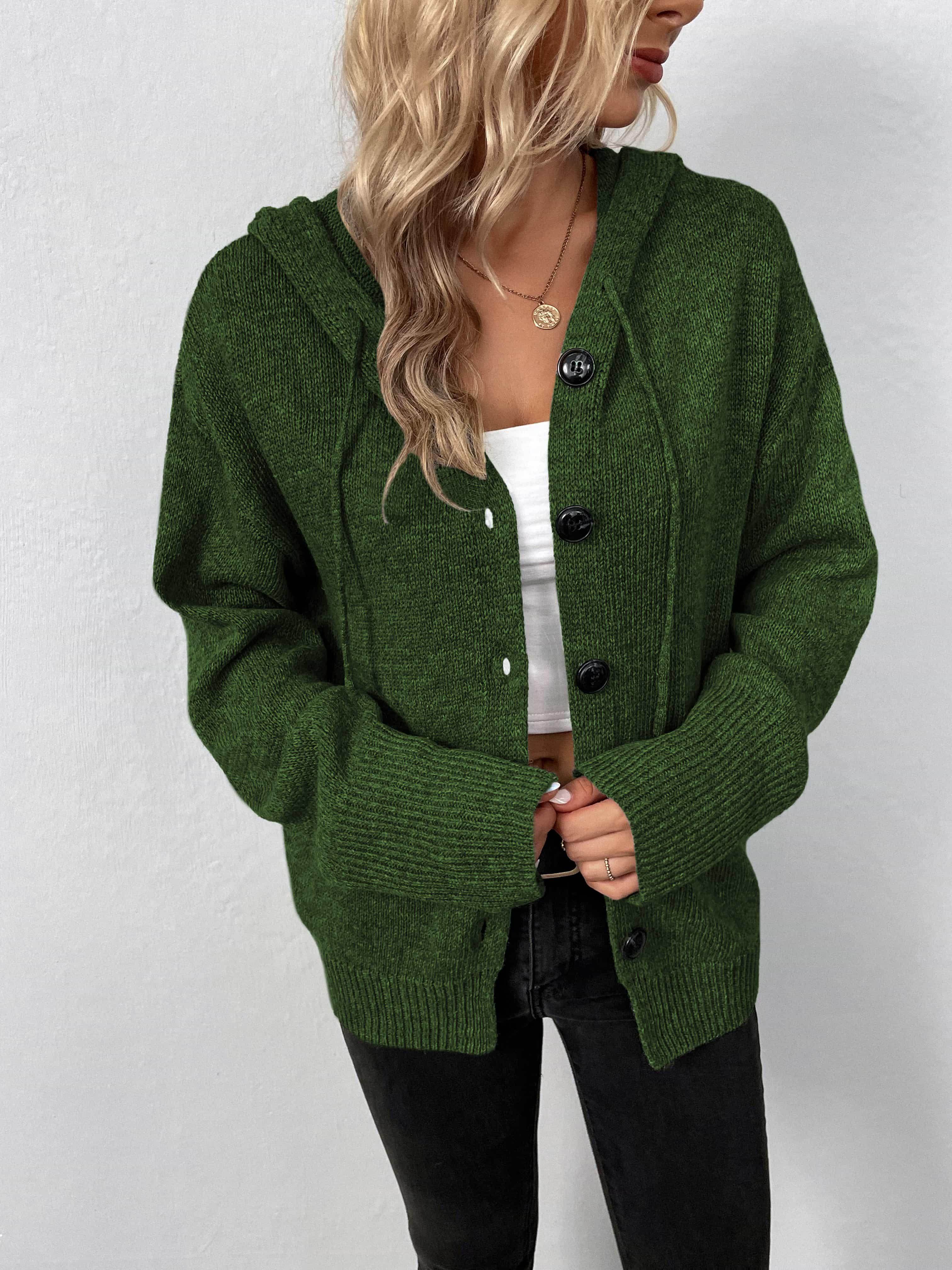 Trendsi casual hooded cardigan in green with button closure and ribbed cuffs for everyday wear