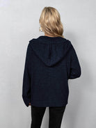 Back view of a casual hooded cardigan in navy blue, perfect for everyday outfits