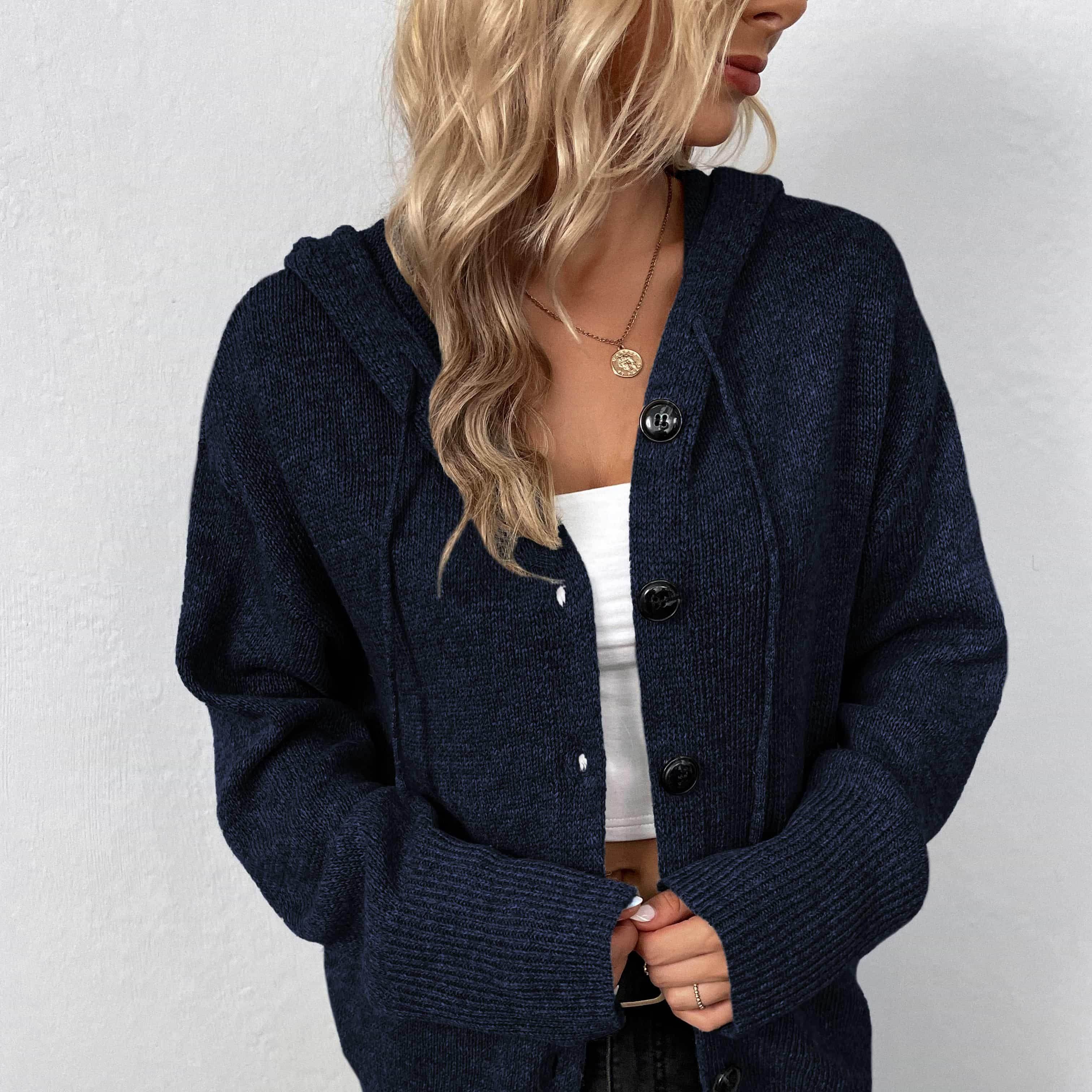 Trendsi casual hooded cardigan in navy blue, featuring buttons and a relaxed fit for a cozy look